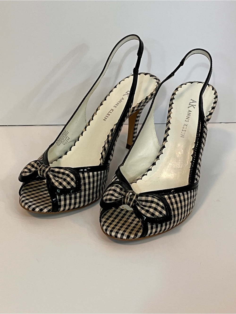 Vintage Anne Klein Gingham Slingback Heels 6.5 Black White Peep Toe Bow Coquette